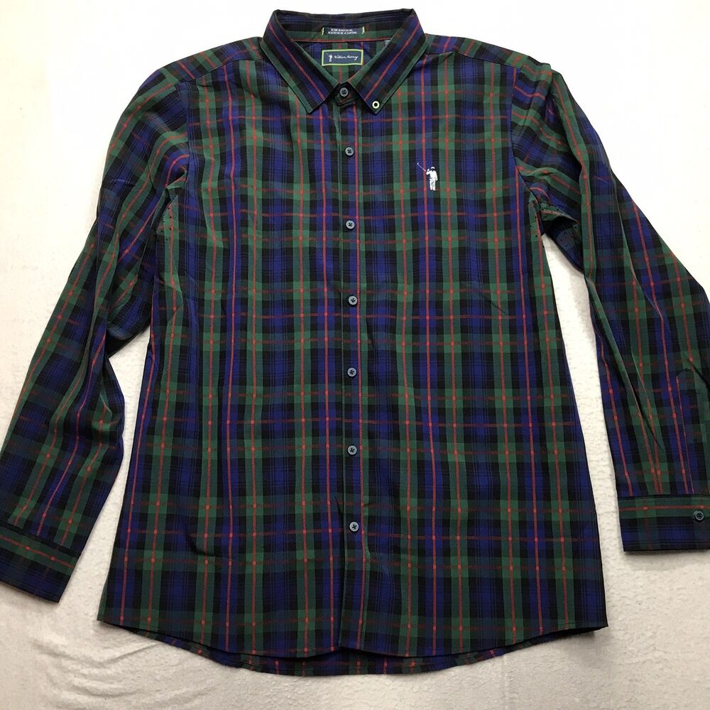 WILLIAM MURRAY Performance Shirt Men L Green Tartan Plaid Stretch Golf L/S